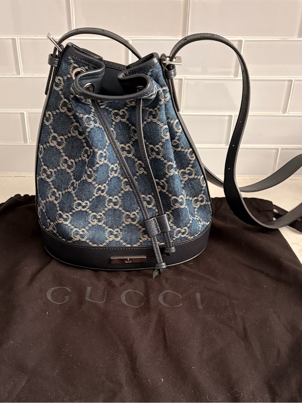 Gucci Venice Small Bucket Bag- denim drawstring